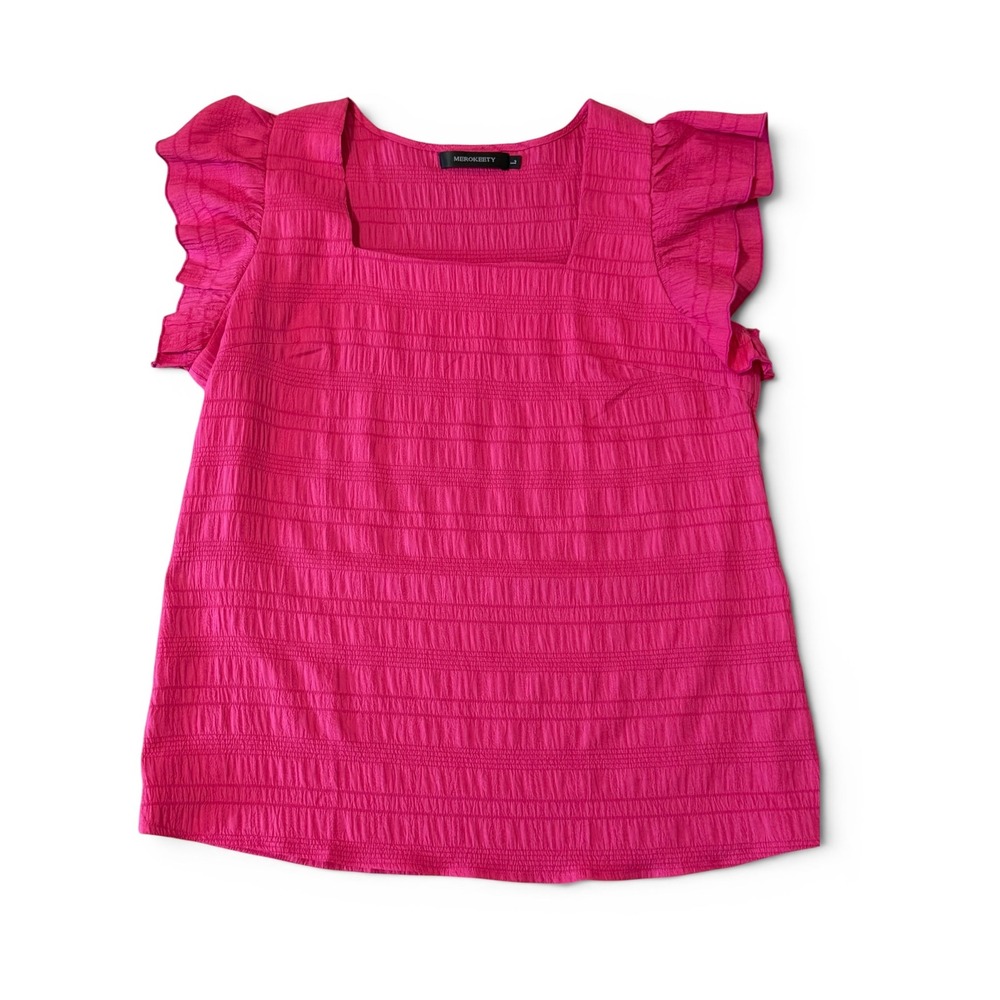 Merokeety Womens Size-Large Hot Pink Textured Square Neck Flutter Sleeve Blouse